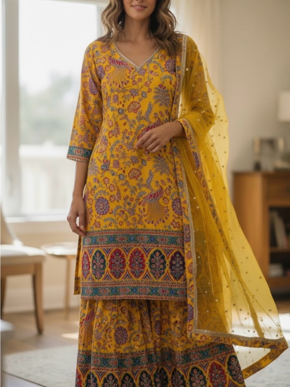 Yellow Floral embroidered V-Neck Women's Indian palazzo set with Sheer Dupatt